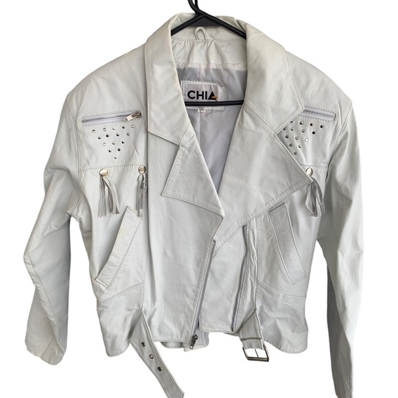 Vintage 80s Chia Moto Embellished Fringe Rocker Coat white Leather Jacket Large - Picture 2 of 9